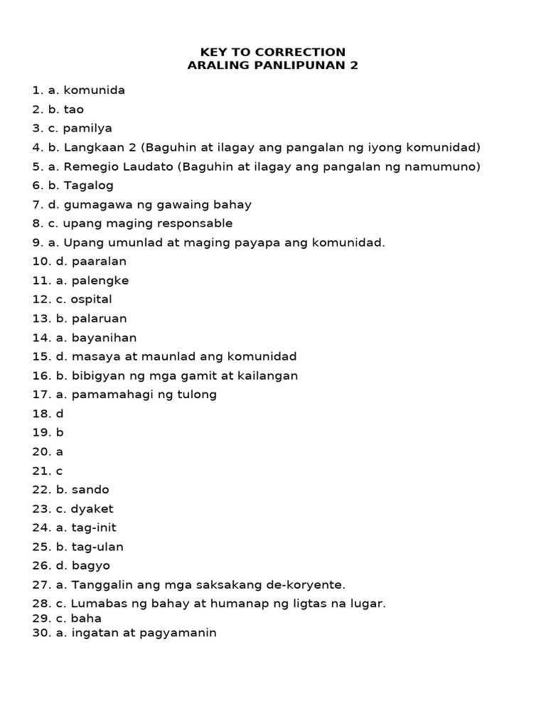 Key To Correction - PT Araling Panlipunan | PDF