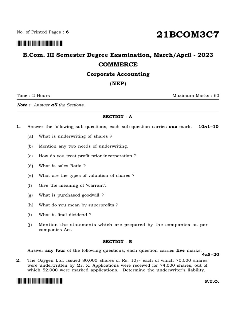 21BCOM3C7 Corporate Accounting | PDF | Equity (Finance) | Debits And ...
