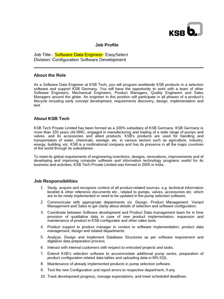 Job Profile - Software Data Engineer - EasySelect | PDF | Data ...