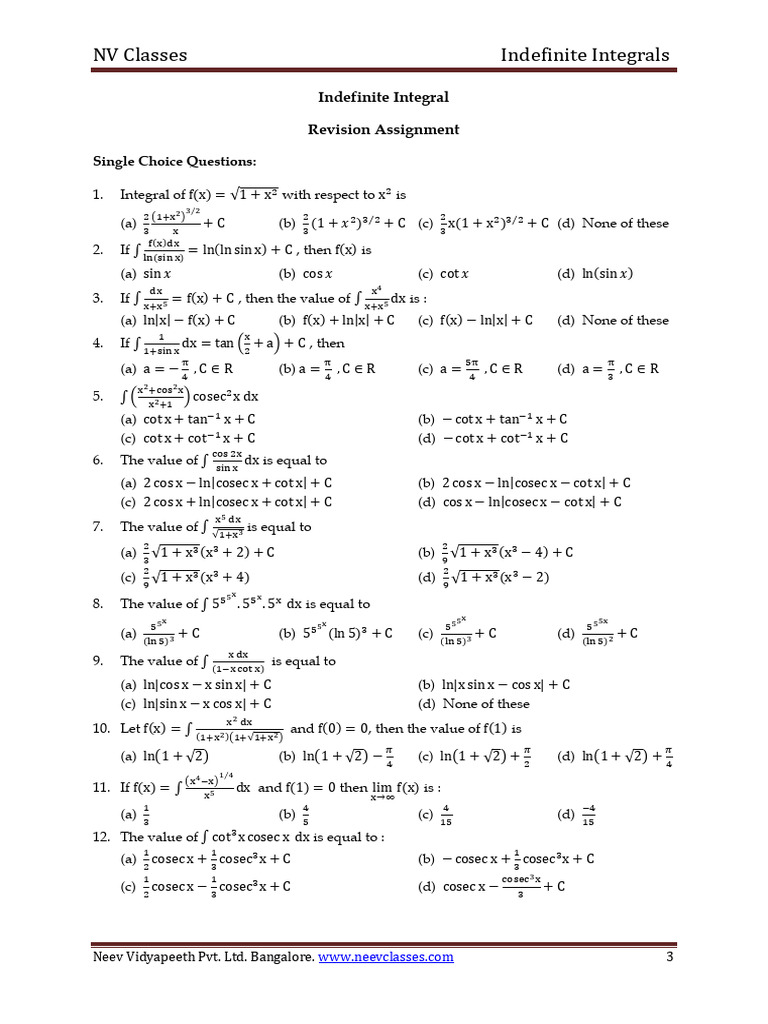 Indefinite Integral Revision Questions | PDF | Mathematical Objects ...