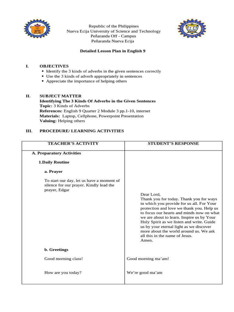 Lesson Plan: Understanding Adverbs in English 9 | PDF | Adverb | Question