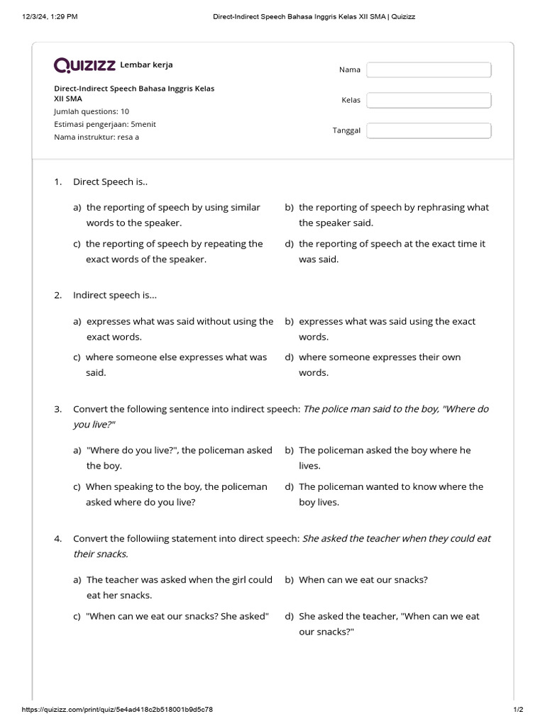 Direct-Indirect Speech Quiz for Grade 12 | PDF | Grammar | Symbols