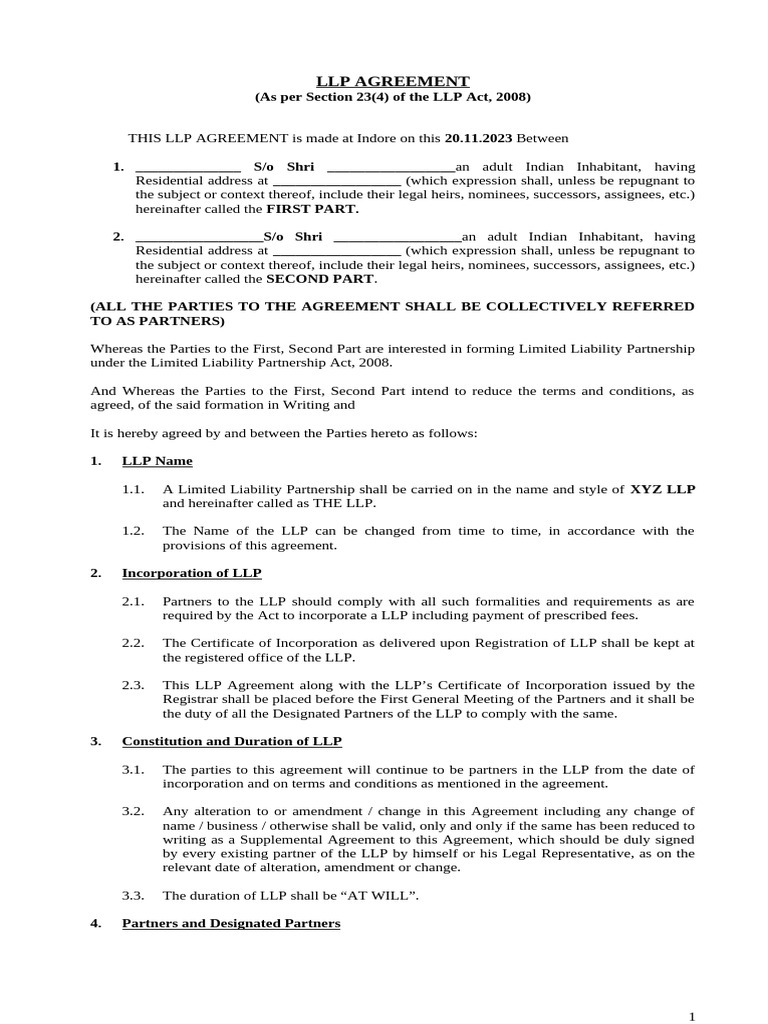 LLP Agreement Template 2023 | PDF | Limited Liability Partnership ...