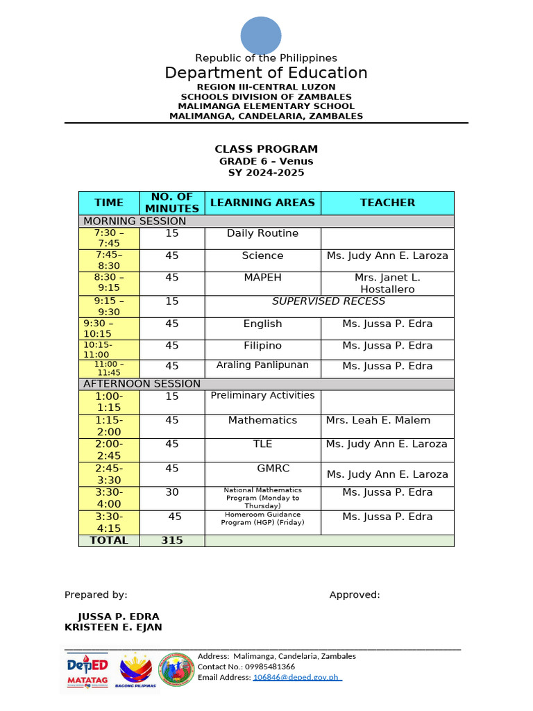 Grade 6 Class Program SY 2024-2025 | PDF | Philippines