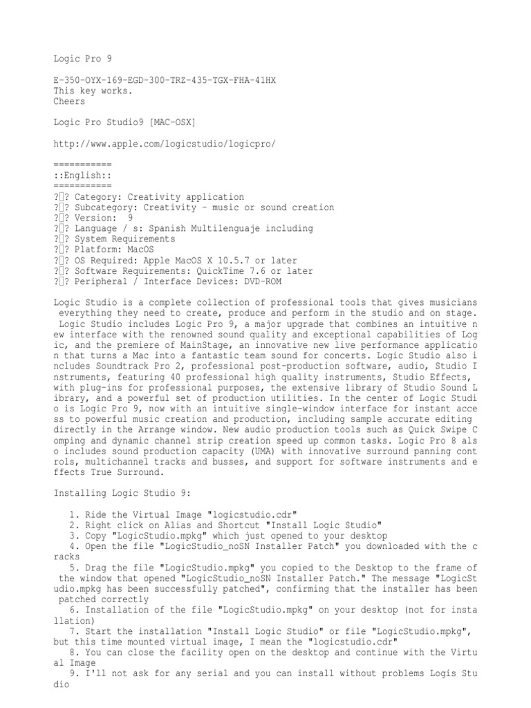 Logic Pro 9 Install Instructions PDF Mac Os Operating System Families