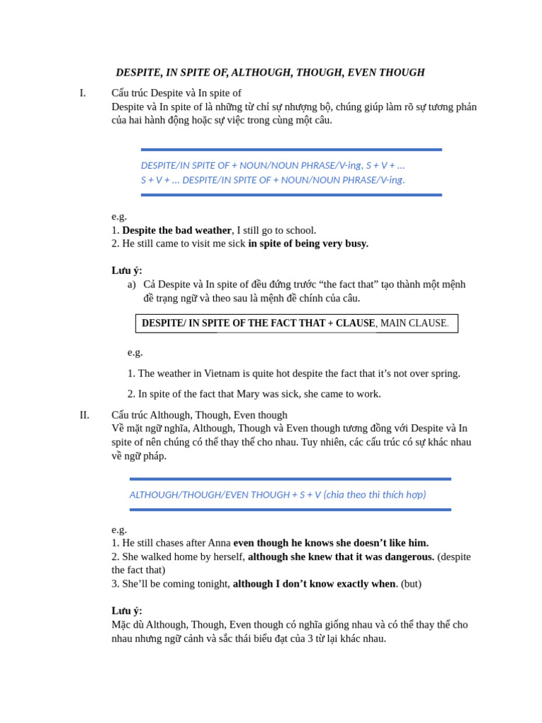 Despite, in Spite Of, Although, Though, Even Though | PDF