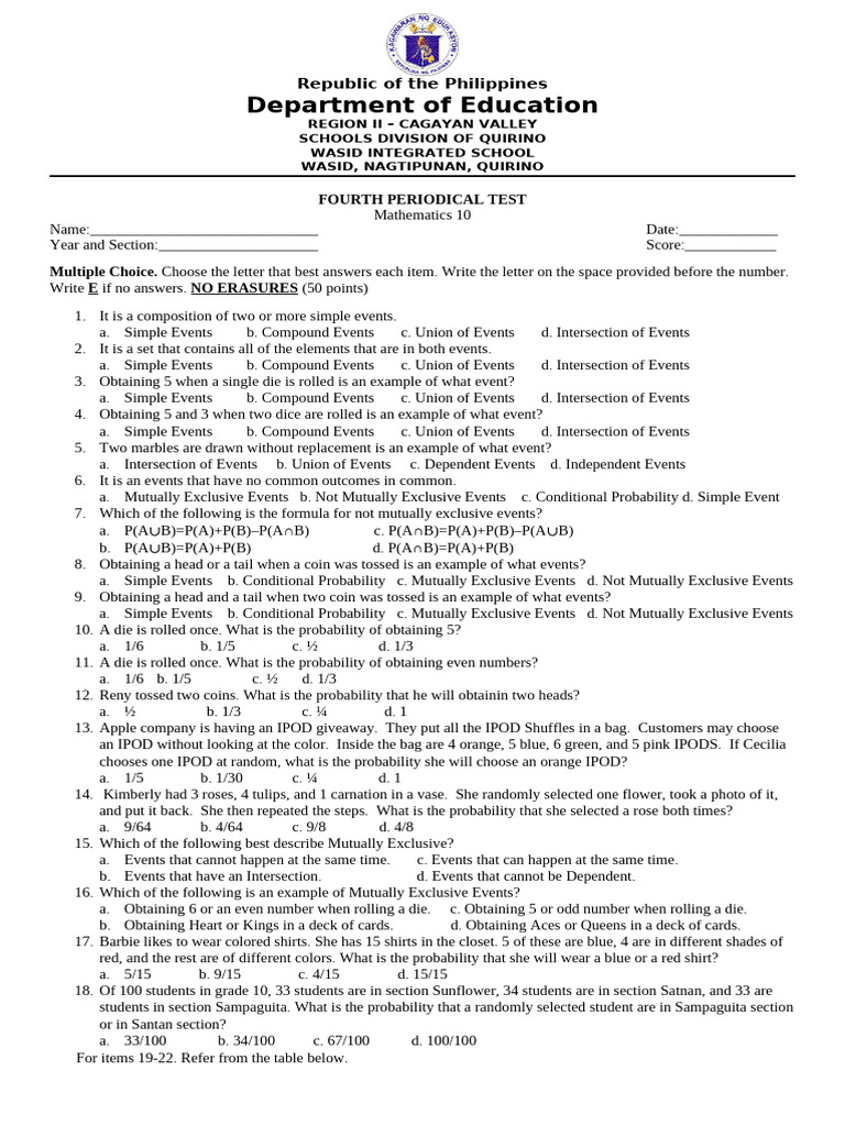 Math 10 Fourth Periodical Test Guide | PDF | Quantile | Percentile