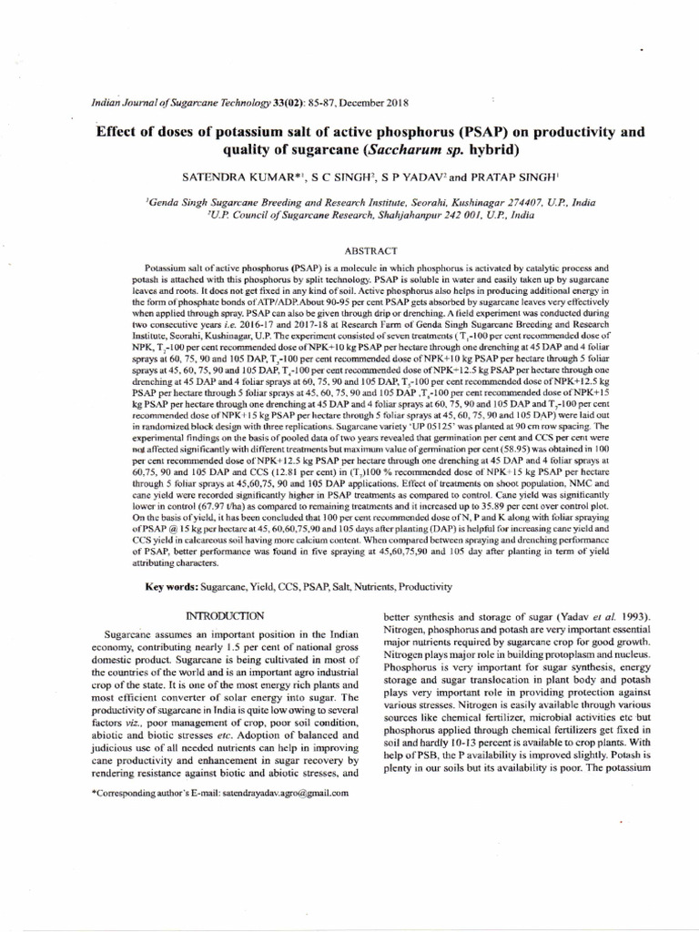 Effect of Dose of Potassium Salt of Active Phosphorus (PSAP) On ...