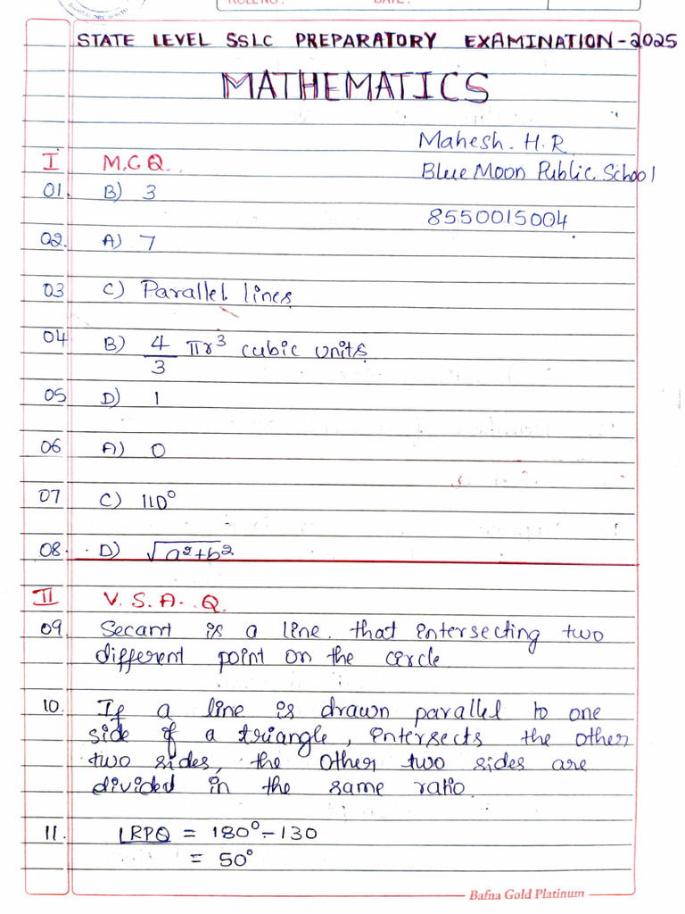 State Level Preparatory Examination 204-25 - MATHEMATICS KEY ANSWER | PDF