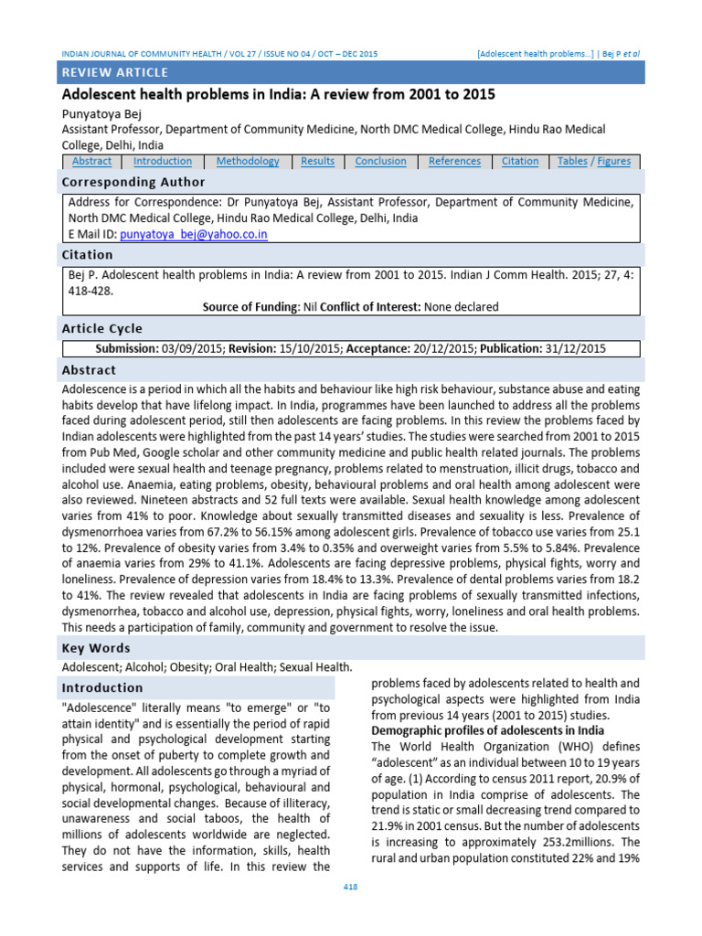 Adolescent Health Issues in India: 2001-2015 | PDF | Birth Control ...