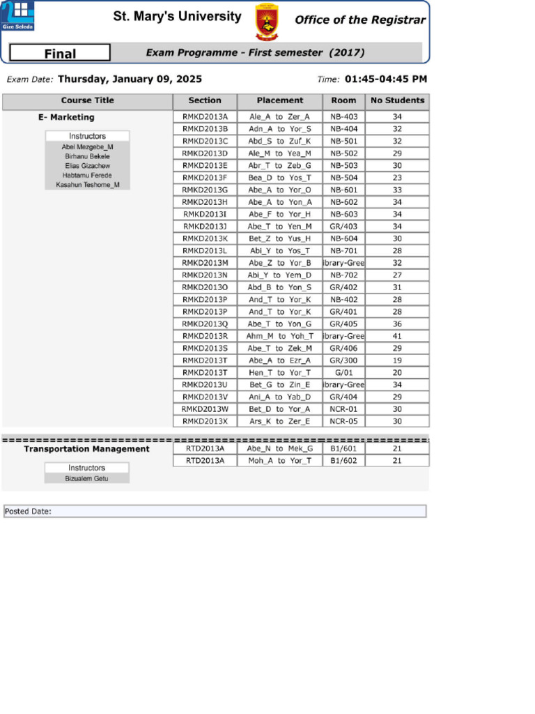 2017 First Semester Senior Students Final Exam Schedule | PDF