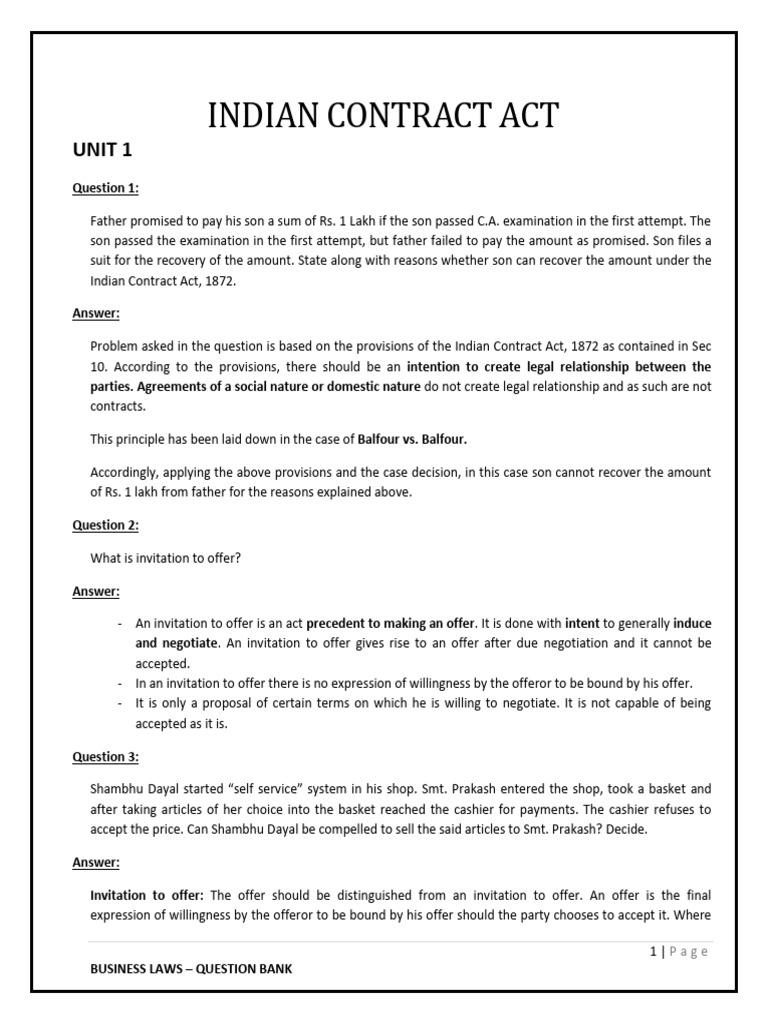 Indian Contract Act Question Bank | PDF | Offer And Acceptance ...