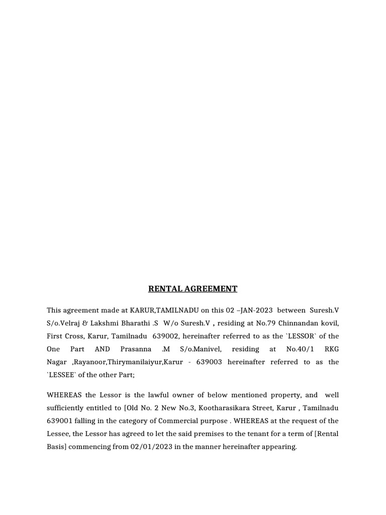 Commercial Lease Agreement in Karur | PDF