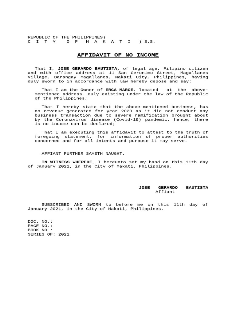 Affidavit of No Income - Makati 2021 | PDF