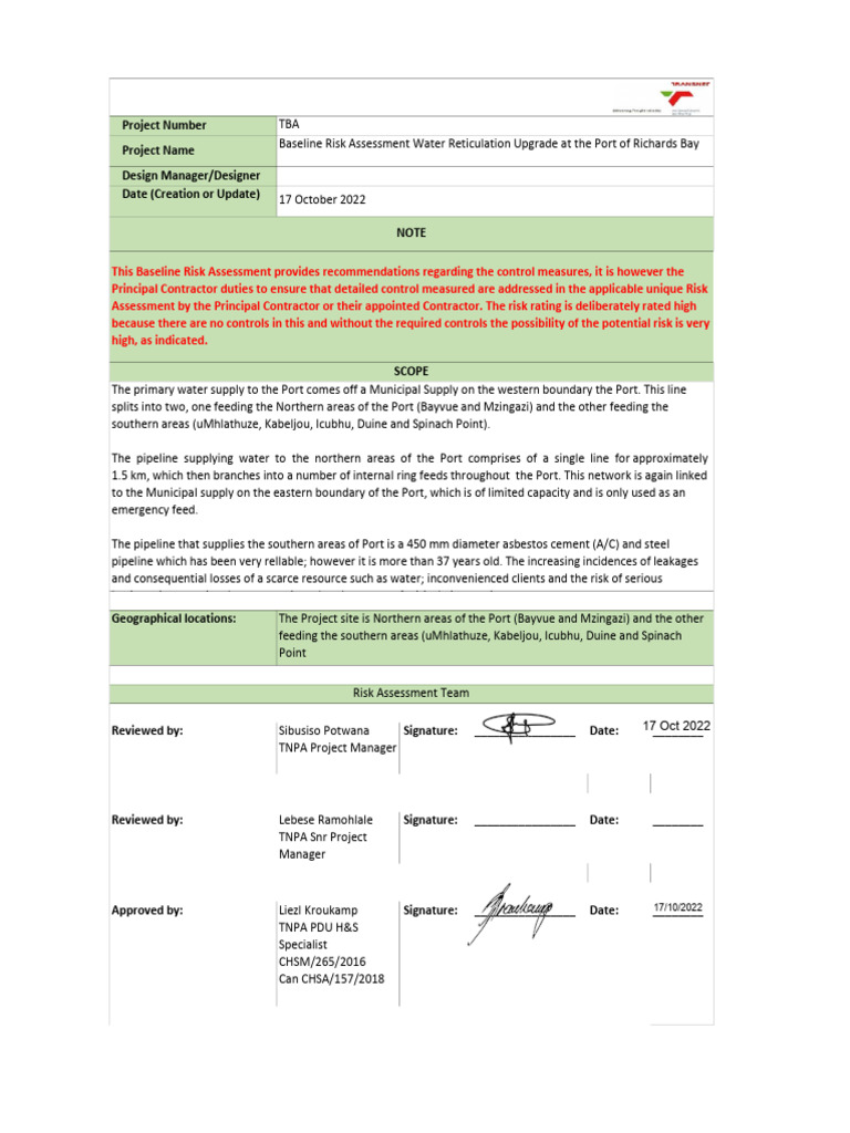Water Reticulation Risk Assessment Report | PDF | Occupational Safety ...