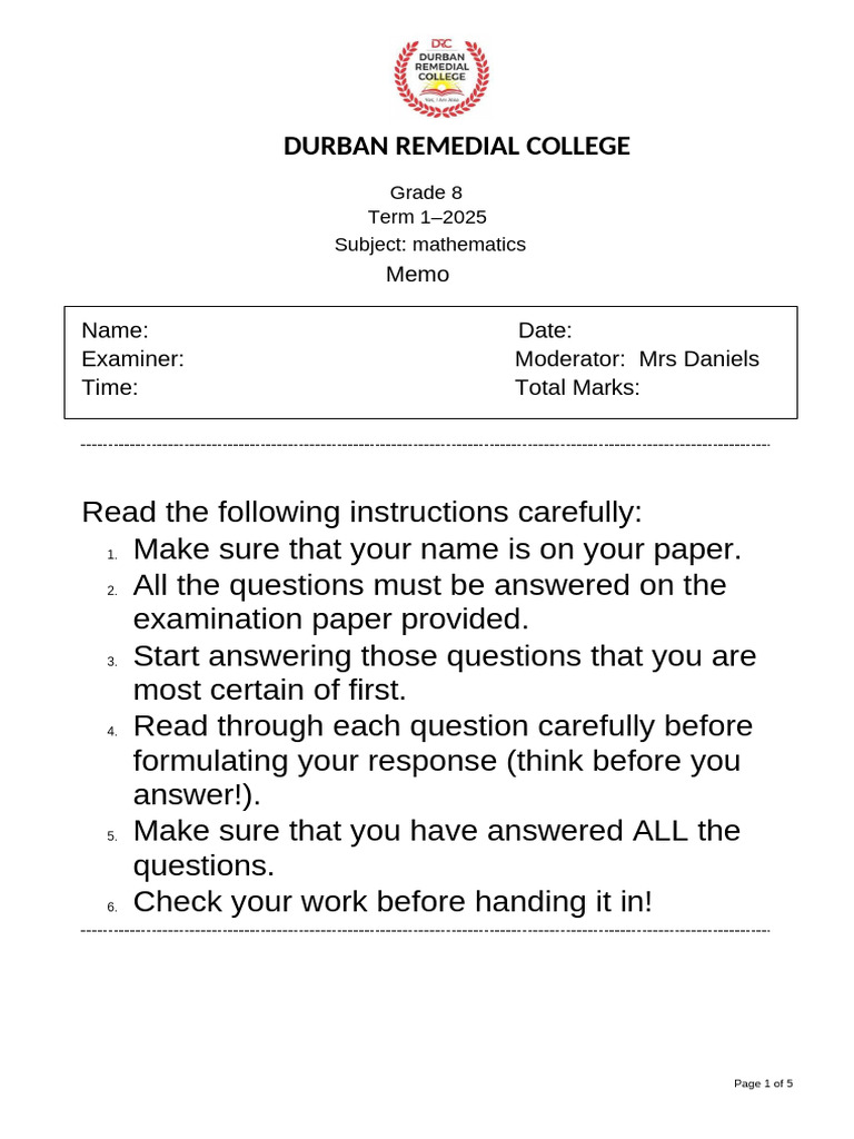 Grade 8 Mathematics Exam Memo 2025 | PDF | Inequality (Mathematics ...