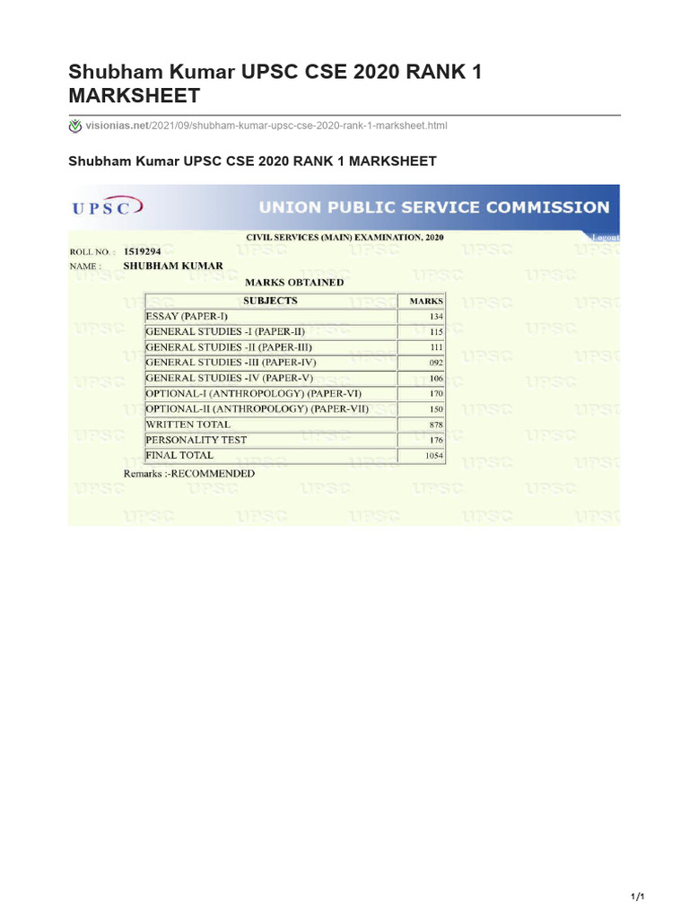 Shubham Kumar UPSC 2020 Rank 1 Marksheet | PDF