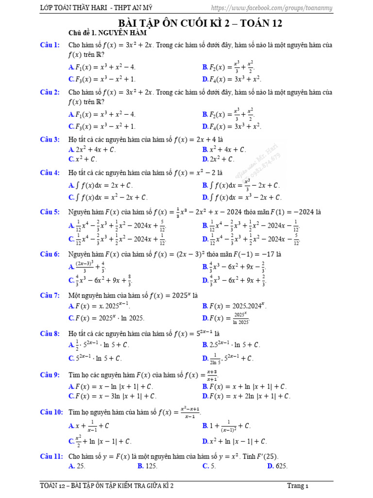 Toan 12 - Bai Tap On Tap Giua Ki 2 | PDF
