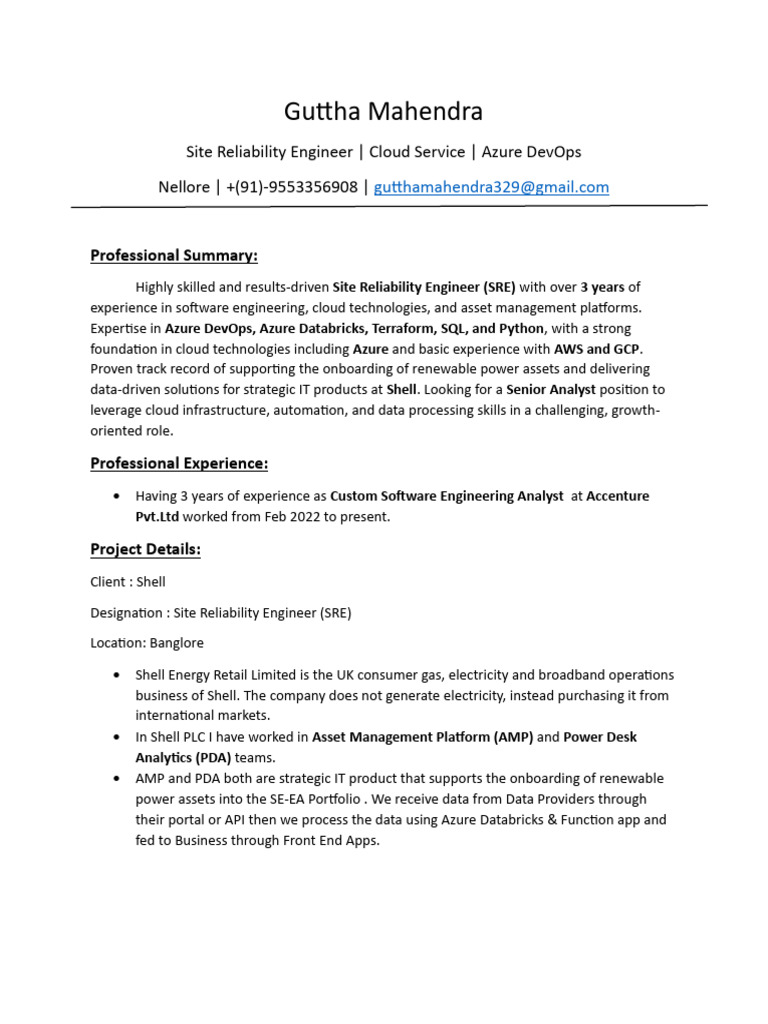 Site Reliability Engineer Resume | PDF | Microsoft Azure | Cloud Computing