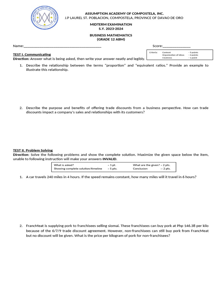 Grade 12 Business Math Midterm Exam | PDF | Discounts And Allowances ...