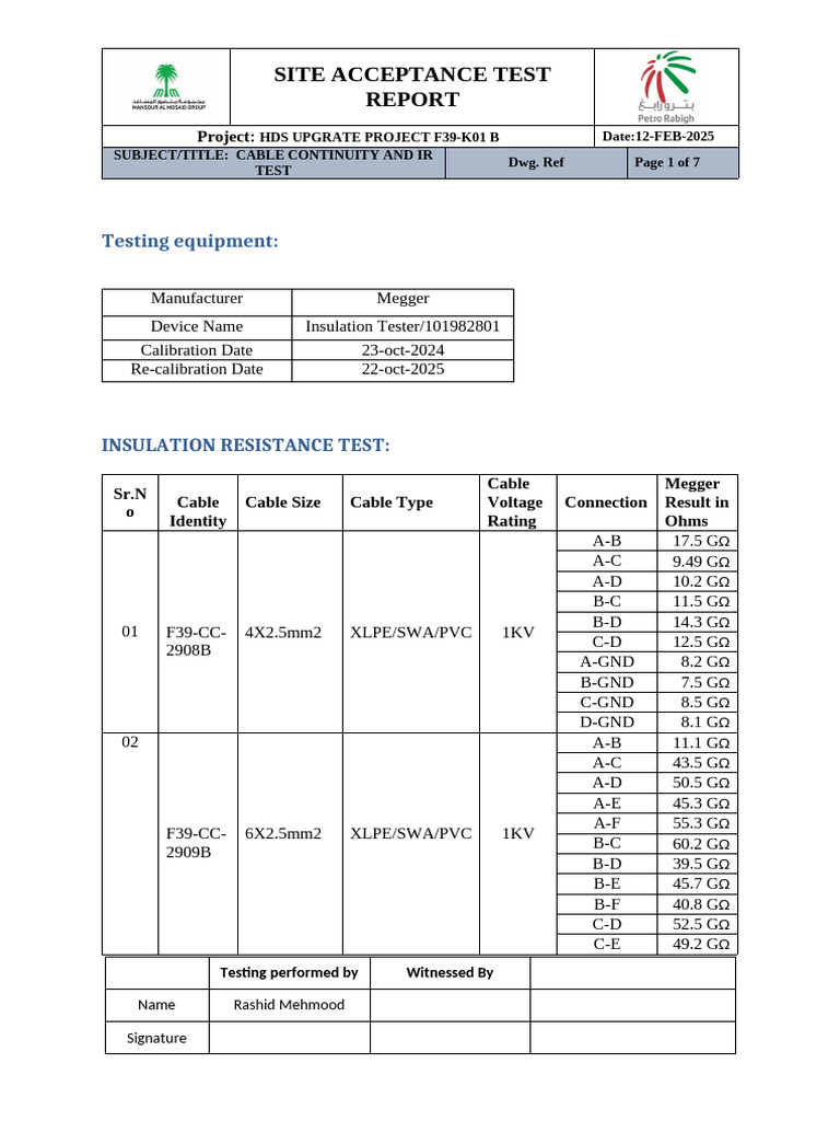 Cable Continuity & IR Test Report | PDF | Electricity | Electrical ...
