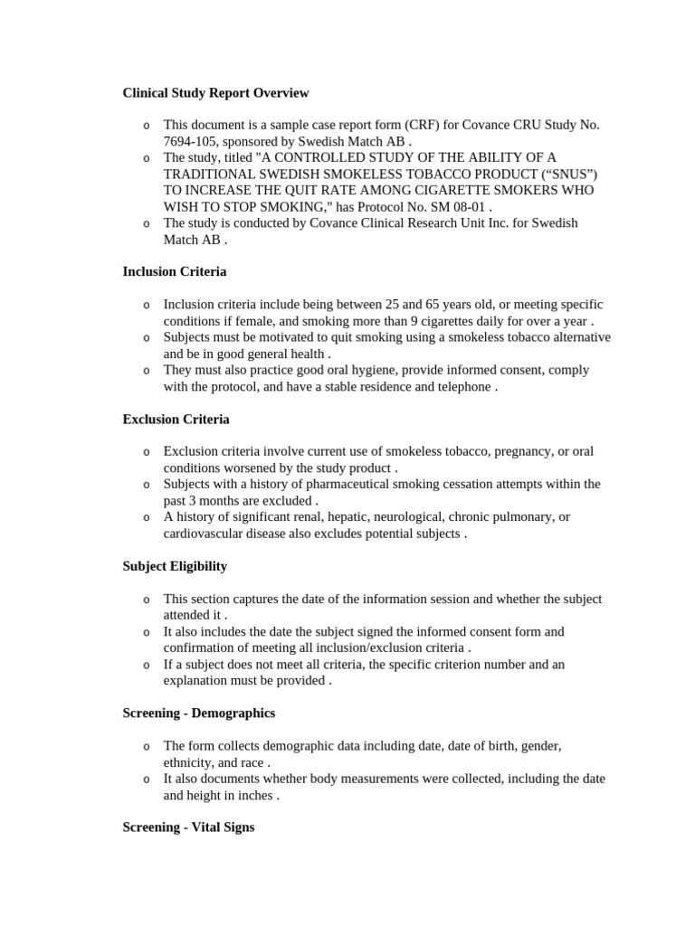 Snus Study CRF Overview and Criteria | PDF | Blood Pressure | Diastole