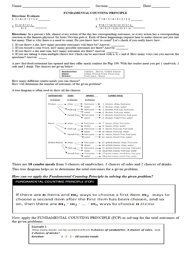 Fundamental Counting Principle Exercises | PDF