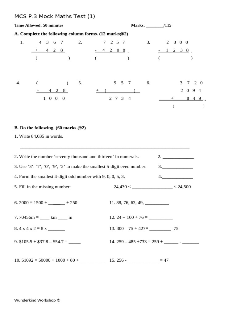 MCS P.3 Mock Maths Test Overview | PDF | Mathematics | Numbers
