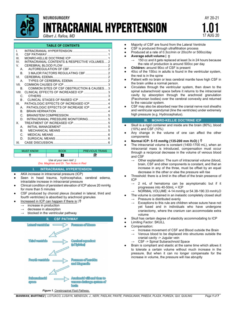 (NS) 01 Intracranial Hypertension (Dr. Rañoa) | PDF | Cerebrospinal ...
