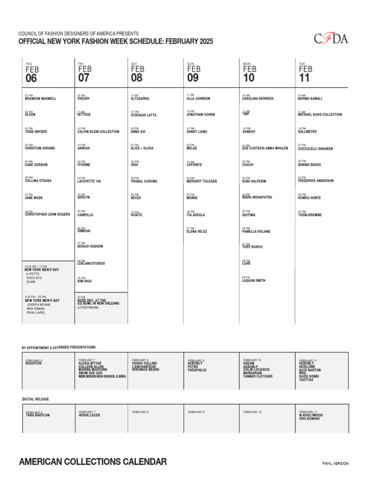 Official NYFW Schedule February 2025 2.4.2025 PDF Fashion
