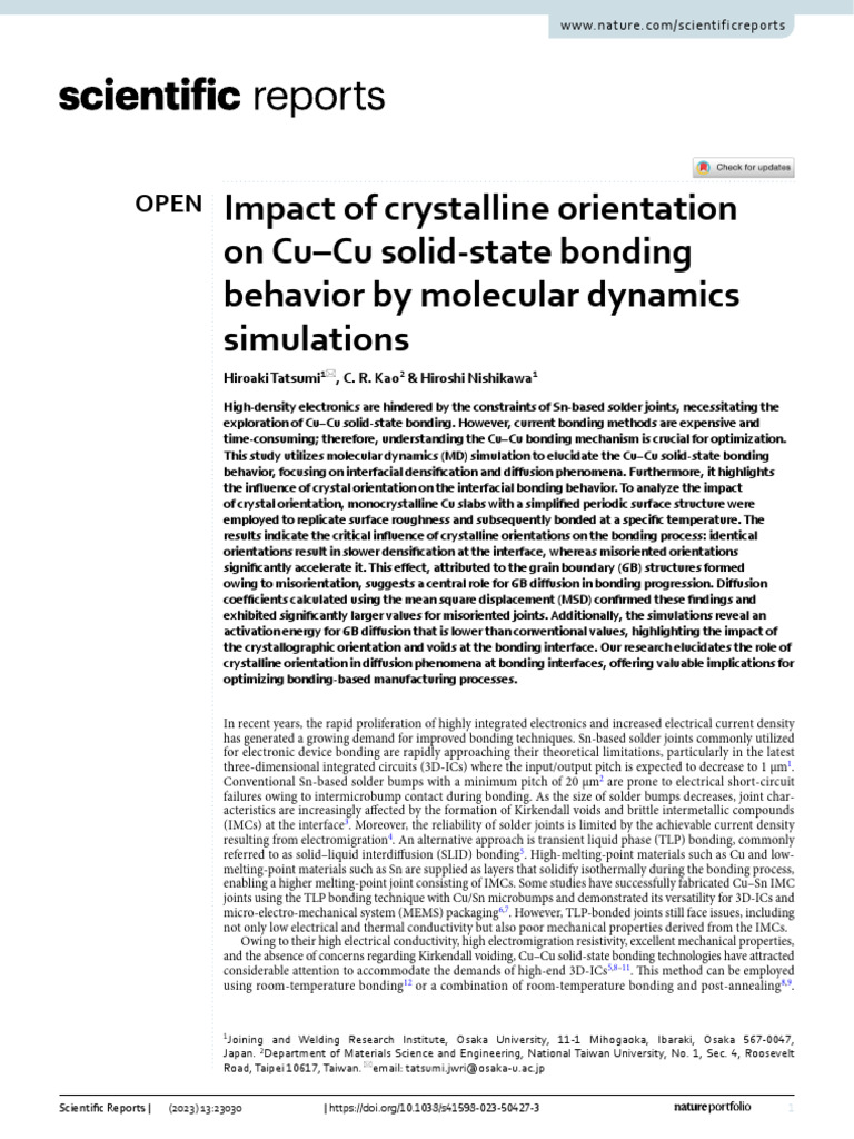 Impact Of Crystalline Orientation On Cu Cu Solid State Bonding Behavior 