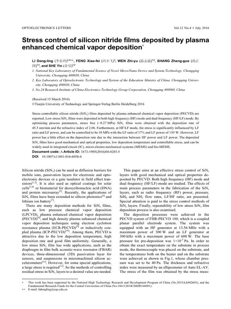 Stress Control in PECVD Silicon Nitride | PDF | Materials | Physical ...