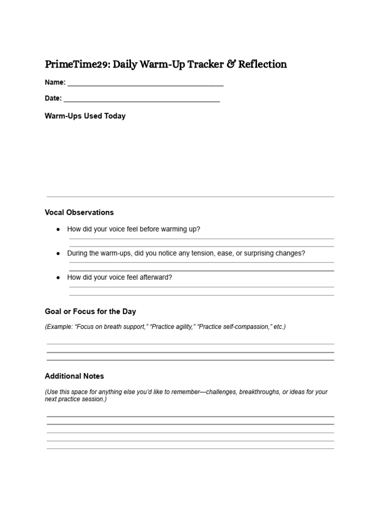 PrimeTime29 +Daily+Warm Up+Tracker+&+Reflection | PDF