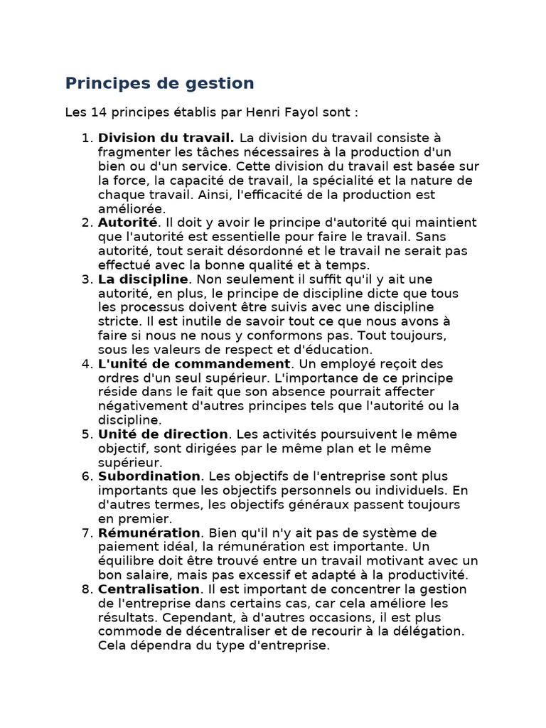14 Principes de Gestion de Fayol | PDF | Division du travail | Économie