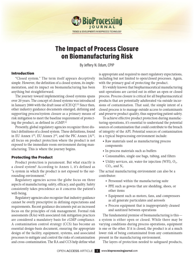 Process Closure in Biomanufacturing | PDF | Risk
