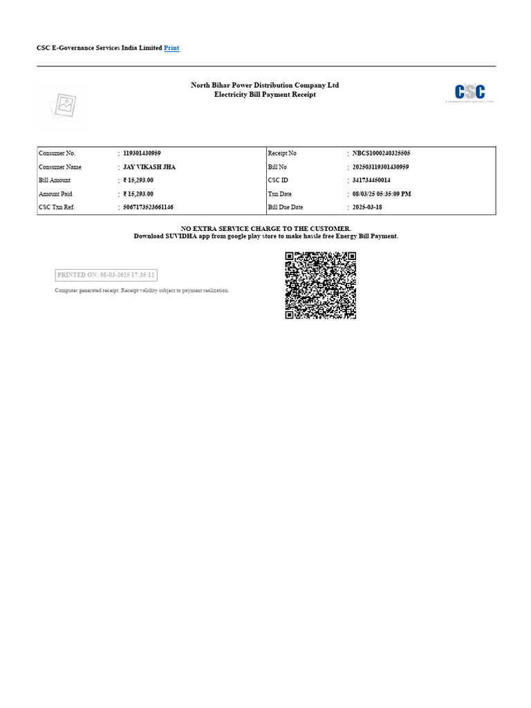 North Bihar Electricity Bill Receipt 2025 | PDF