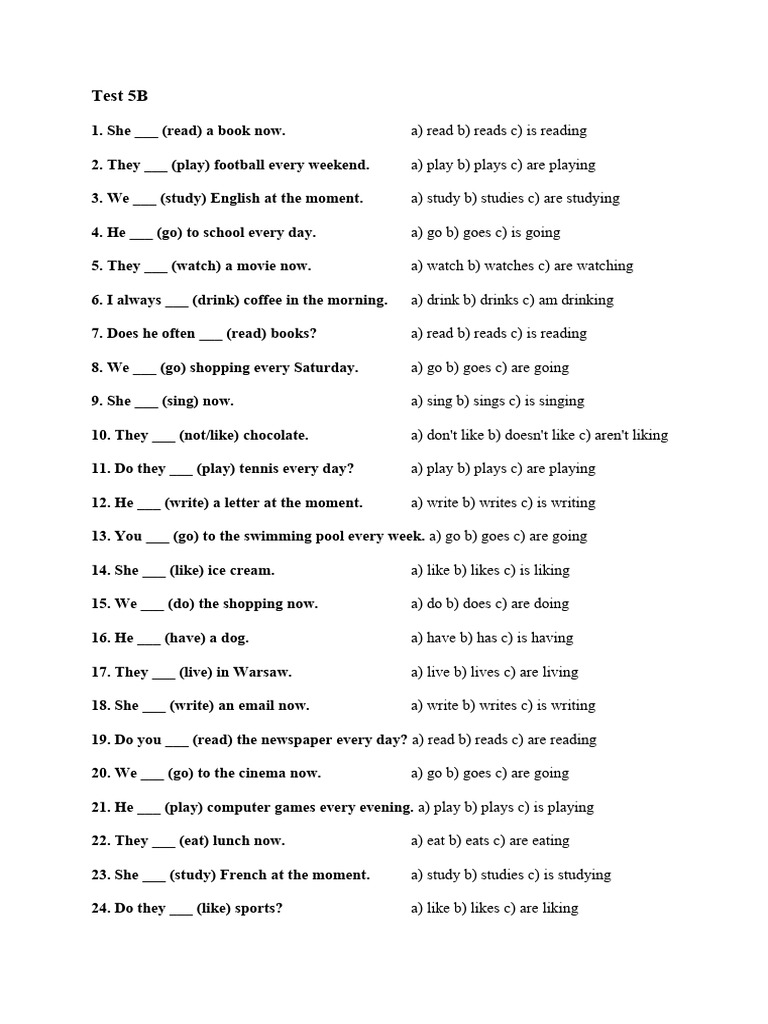 Test Present Simple Continuous | PDF
