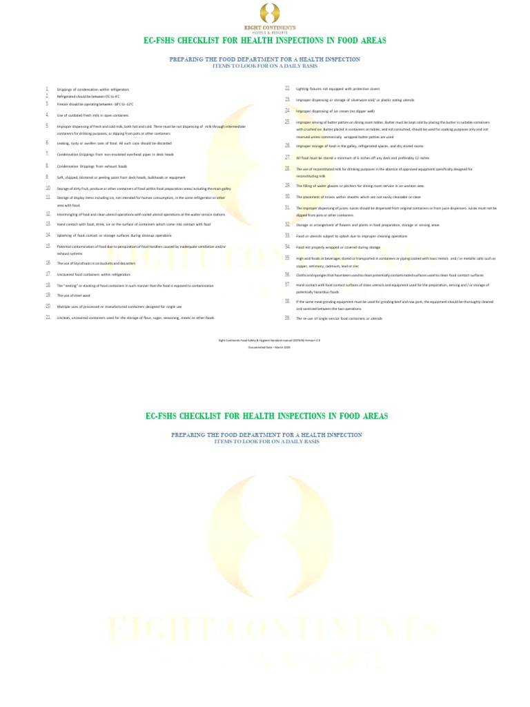 EC-FSHS Checklist For Health Inspections in Food Areas (A1) | PDF ...