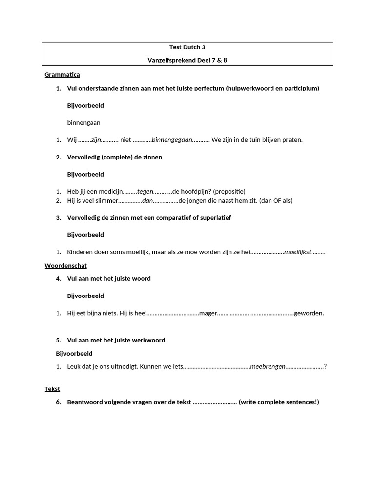 Voorbeeld Test Dutch 3 - Deel 7 & 8 | PDF