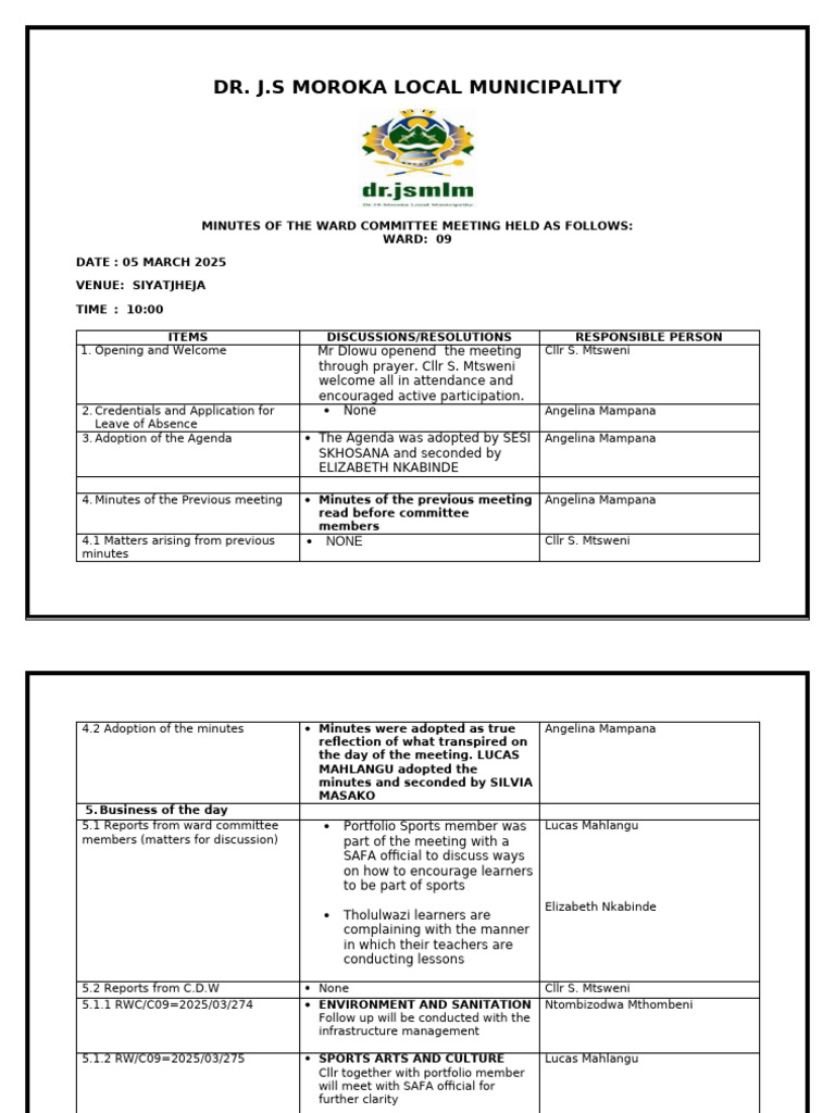 Ward 09 Committee Meeting Minutes - March 2025 | PDF