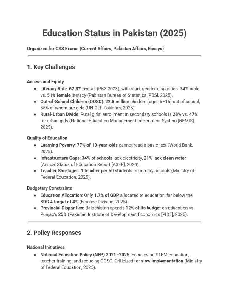 Education Status in Pakistan (2025) | PDF | Literacy | Poverty