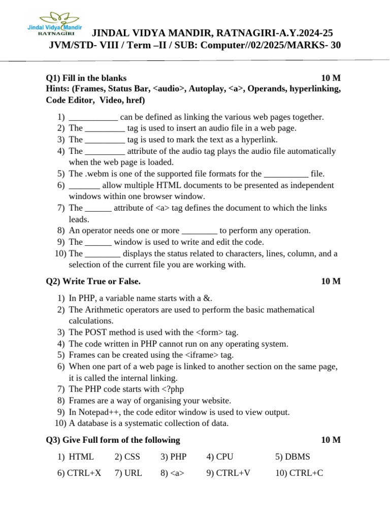 Computer Exam Questions for Class VIII | PDF