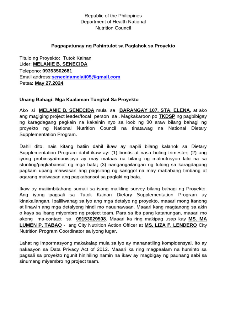 FINAL Tutok Kainan Consent or Waiver Form Tagalog | PDF