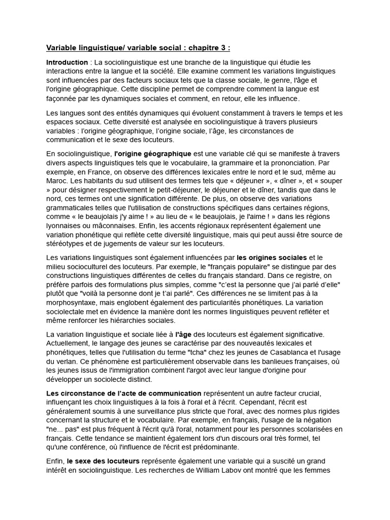 Variations linguistiques et sociales en sociolinguistique | PDF ...