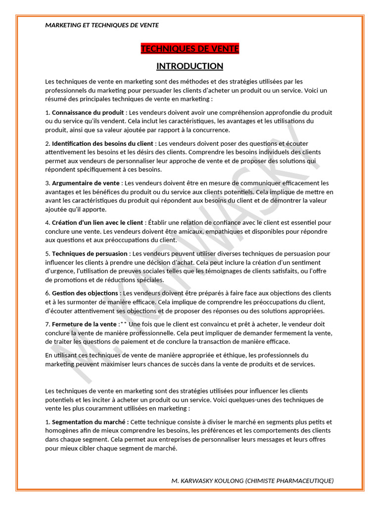 Techniques de Vente en Marketing | PDF | Commercialisation | Sodles
