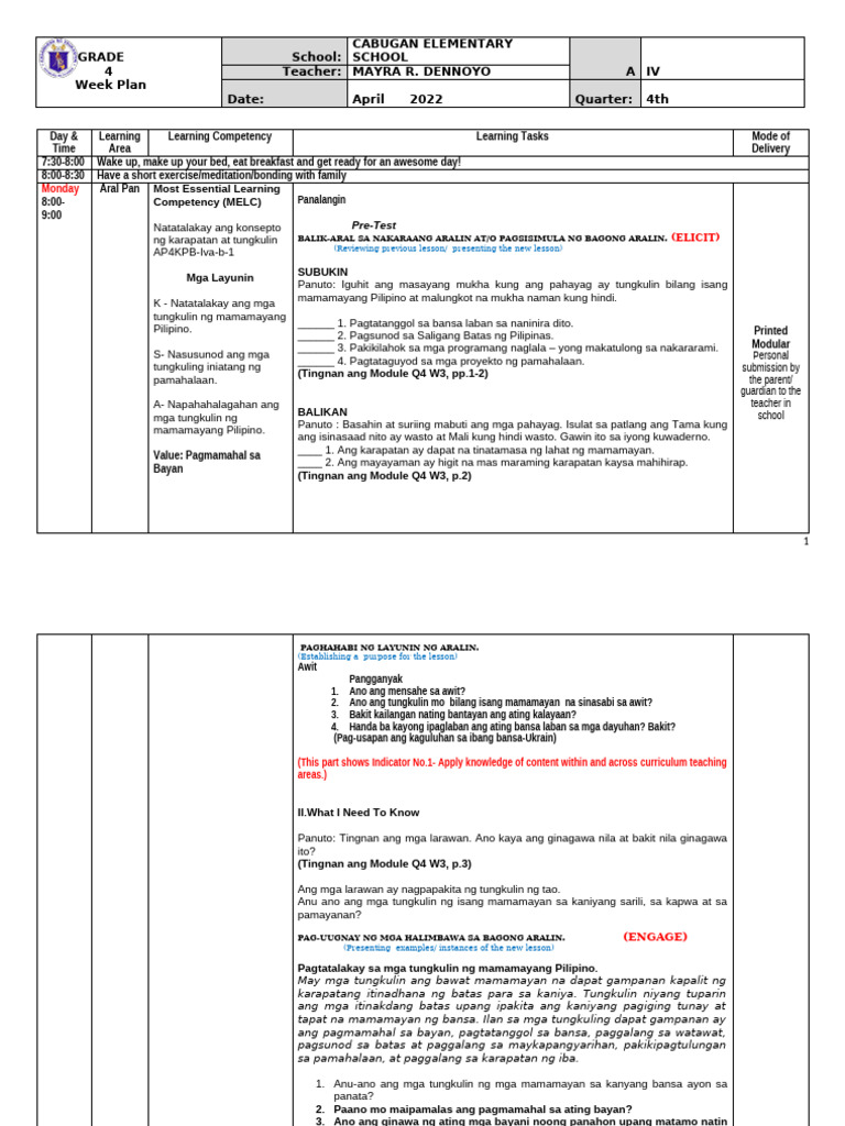 Grade 4 Weekly Lesson Plan | PDF | Heart | Blood