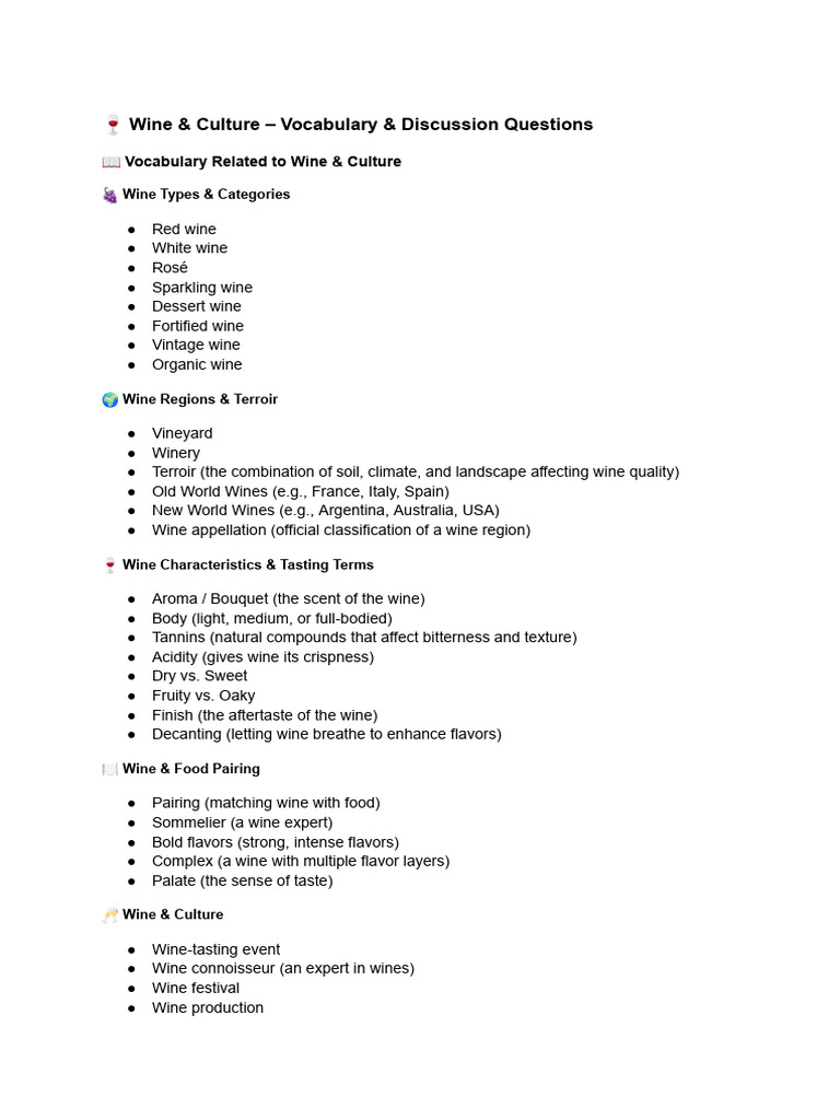 ? Wine & Culture – Vocabulary | PDF