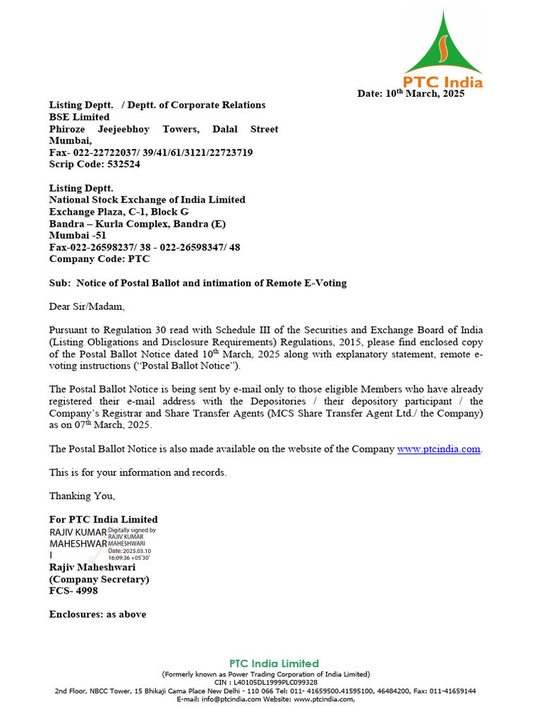PTC India Postal Ballot Notice 2025 | PDF | Login | Electronic Voting