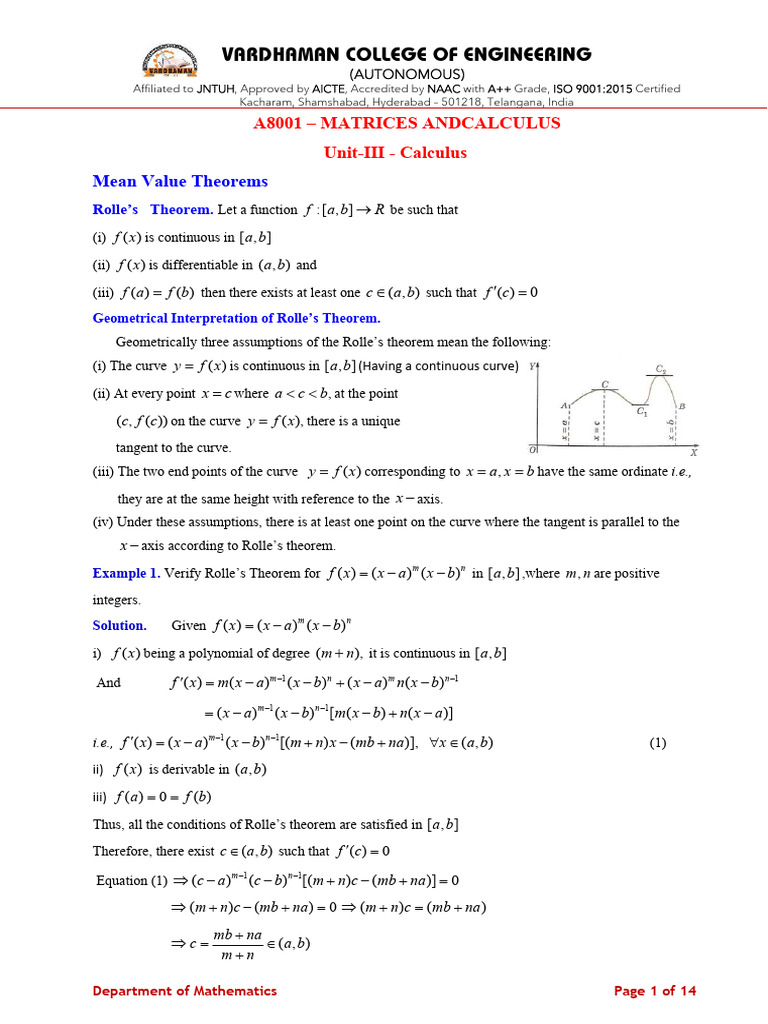 Calculus: Rolle's and Mean Value Theorems | PDF | Calculus | Algebra
