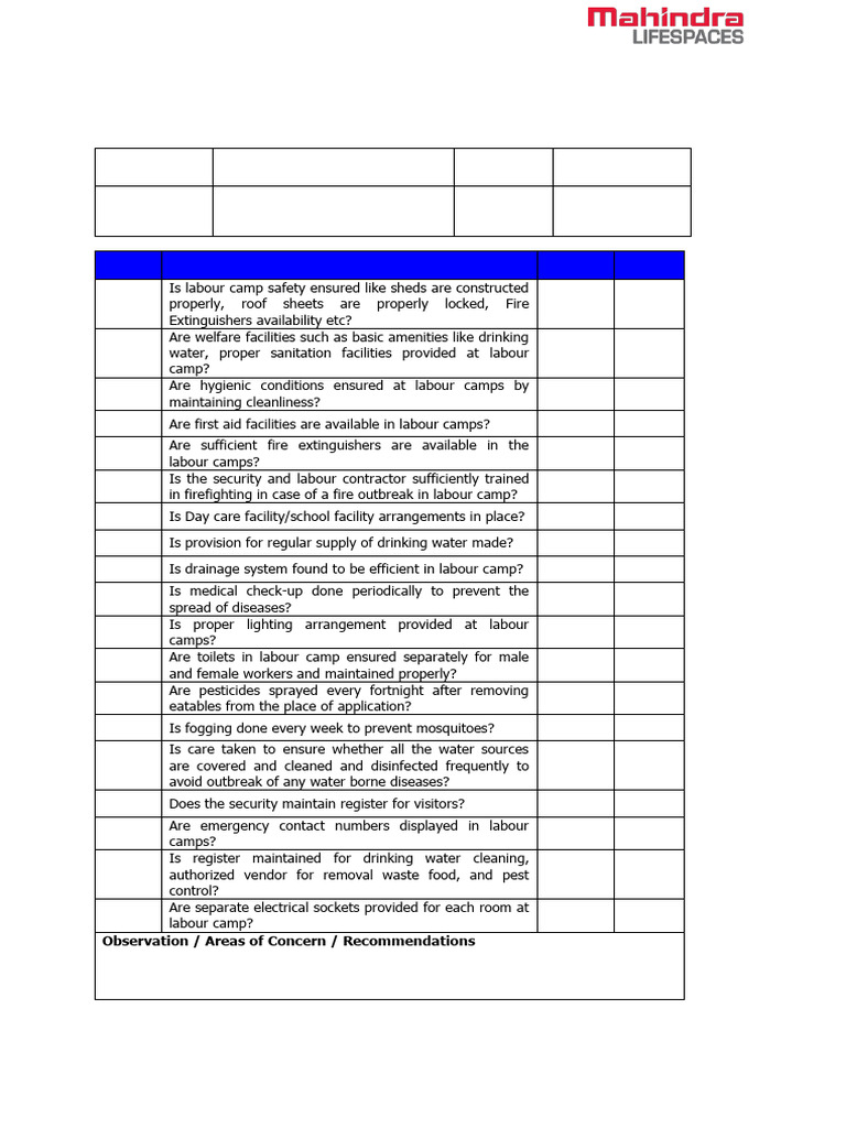Labour Camp Safety Inspection Checklist | PDF